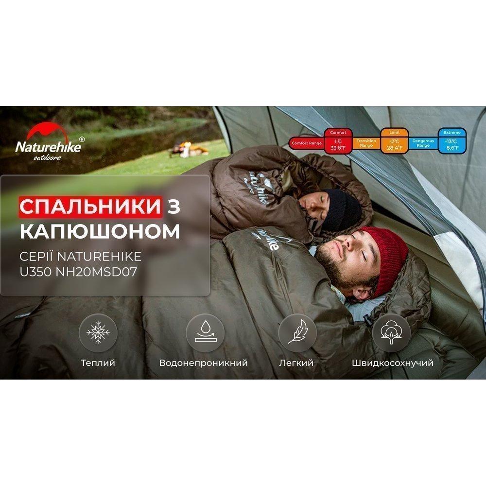 Спальник з капюшоном Naturehike U350 NH20MSD07, (1°C), правий, зелений - військове спорядження Darkskiff - фото 21 Спальник з капюшоном Naturehike U350 NH20MSD07, (1°C), правий, зелений - тактичне спорядження Darkskiff - фото 21