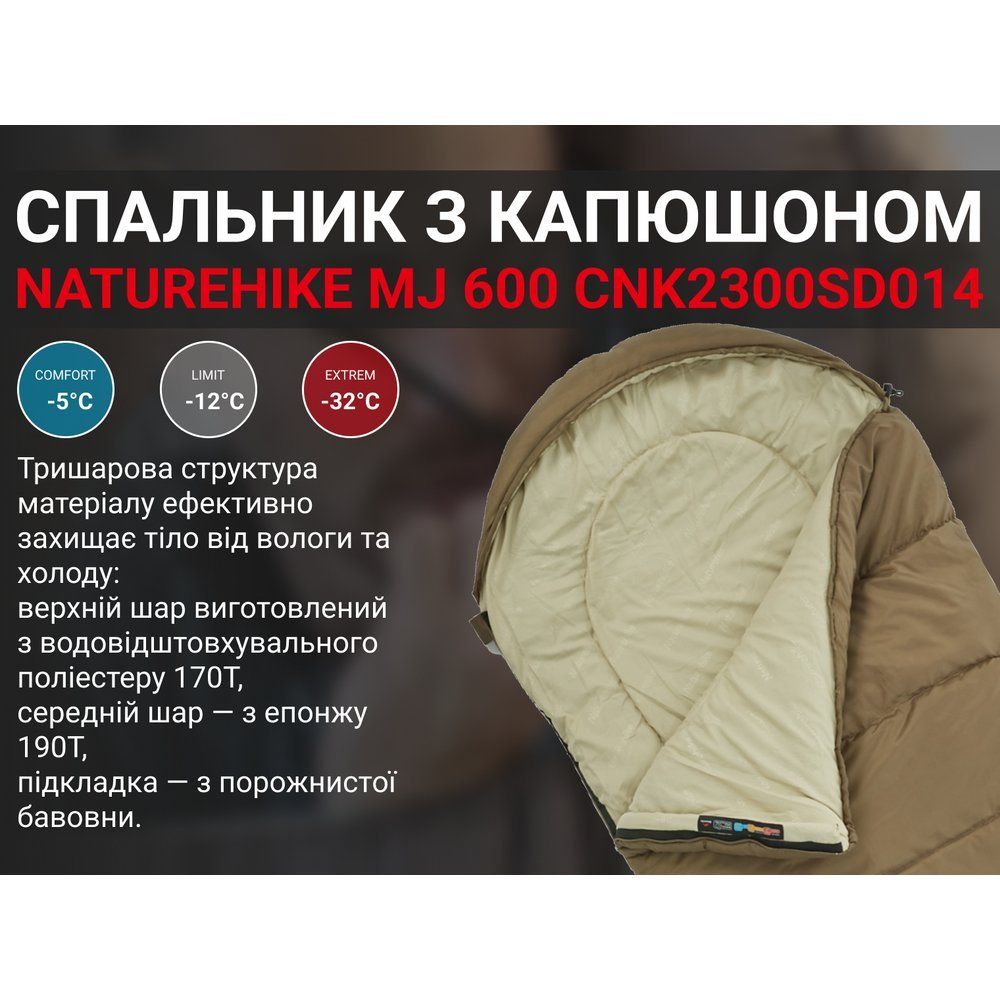 Спальник з капюшоном Naturehike MJ 600 CNK2300SD014, коричневий - військове спорядження Darkskiff - фото 17 Спальник з капюшоном Naturehike MJ 600 CNK2300SD014, коричневий - тактичне спорядження Darkskiff - фото 17