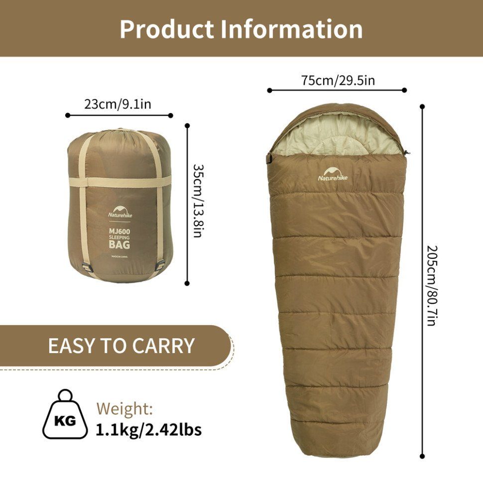 Спальник з капюшоном Naturehike MJ 600 CNK2300SD014, коричневий - військове спорядження Darkskiff - фото 10 Спальник з капюшоном Naturehike MJ 600 CNK2300SD014, коричневий - тактичне спорядження Darkskiff - фото 10